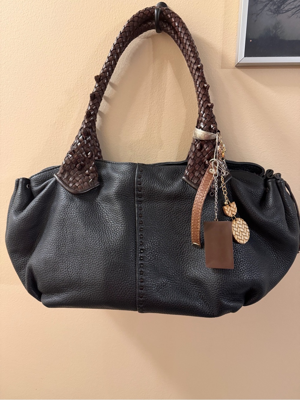 Paolo Masi Black Leather Tote with Brown Braided Handles and bag charms